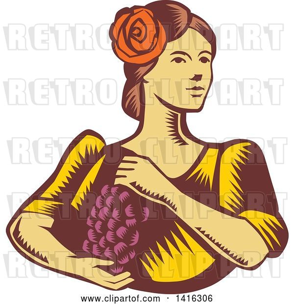 Vector Clip Art of Retro Woodcut Senorita Spanish Lady Holding Grapes