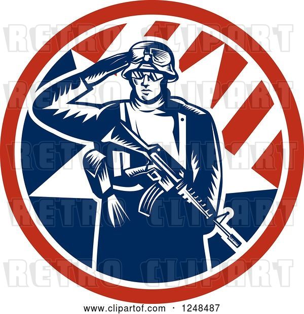 Vector Clip Art of Retro Woodcut Soldier Saluting and Holding a Gun Inside an American Circle