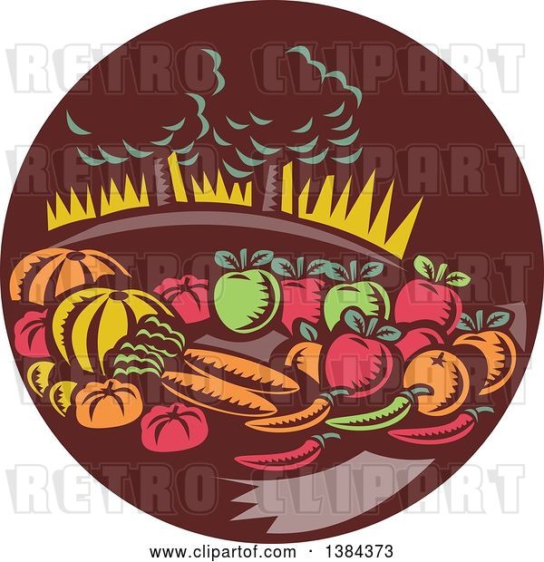 Vector Clip Art of Retro Woodcut Still Life of Harvest Vegetables and Fruit with Trees in a Brown Circle