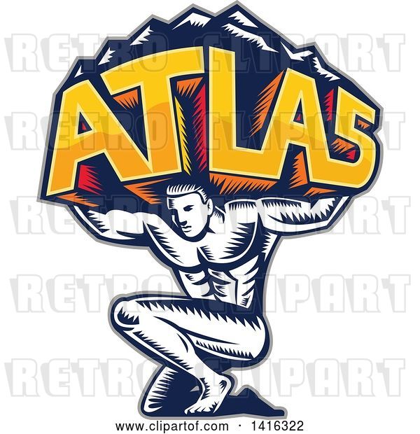 Vector Clip Art of Retro Woodcut Strong Guy, Atlas, Holding Mountains on His Shoulders