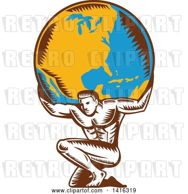 Vector Clip Art of Retro Woodcut Strong Guy, Atlas, Kneeling and Holding Earth on His Shoulders