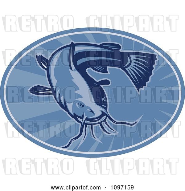 Vector Clip Art of Retro Woodcut Styled Blue Bullhead Catfish Oval