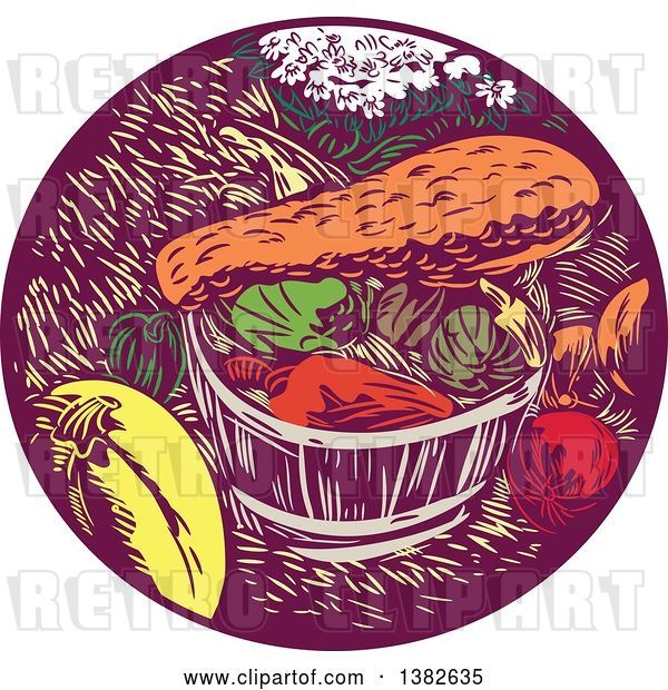 Vector Clip Art of Retro Woodcut Styled Bushel and Harvest of Squash and Pumpkin