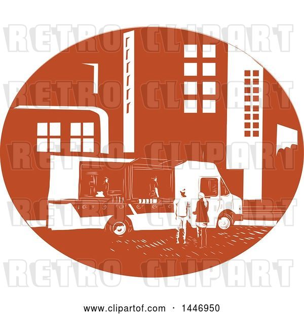 Vector Clip Art of Retro Woodcut Styled Food Truck Serving Customers in a City Street
