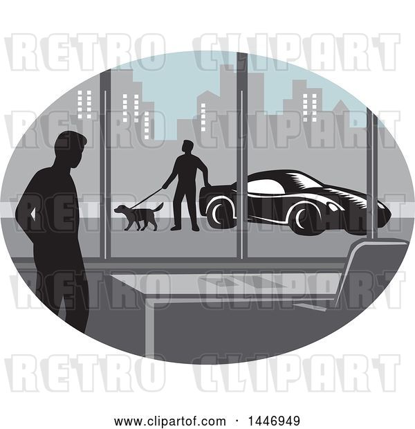 Vector Clip Art of Retro Woodcut Styled Silhouetted Guy in an Office Building and Person Walking a Dog by a Car Outside in a City