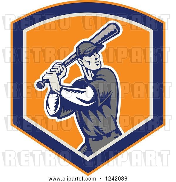 Vector Clip Art of Retro Woodcut Swinging Baseball Player Guy in a Shield