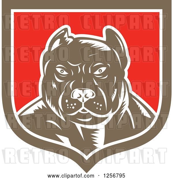 Vector Clip Art of Retro Woodcut Tough Pitbull Guard Dog in a White Red and Brown Shield