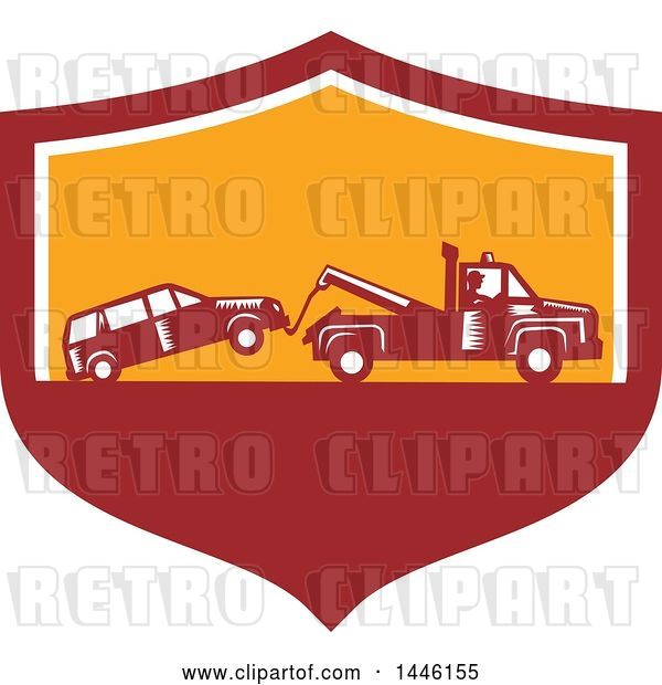 Vector Clip Art of Retro Woodcut Tow Truck Driver Hauling a Car in a Red White and Orange Shield