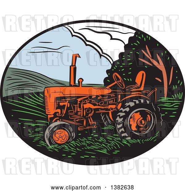 Vector Clip Art of Retro Woodcut Tractor in an Oval of Farm Land