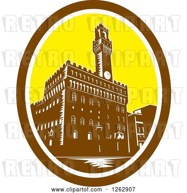Vector Clip Art of Retro Woodcut View of the Tower of Palazzo Vecchio in Florence, Firenze, Italy