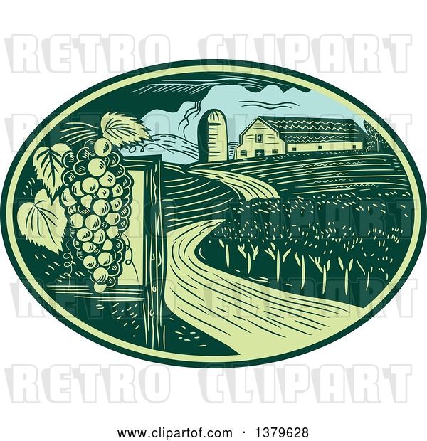 Vector Clip Art of Retro Woodcut Vineyard, Farm and Barn in a Green and Blue Oval