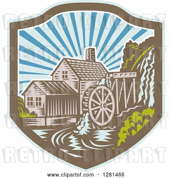 Vector Clip Art of Retro Woodcut Watermill House at Sunset in a Blue Brown and White Shield
