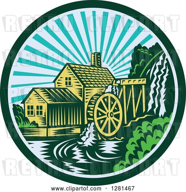 Vector Clip Art of Retro Woodcut Watermill House at Sunset in a Green and Blue Circle