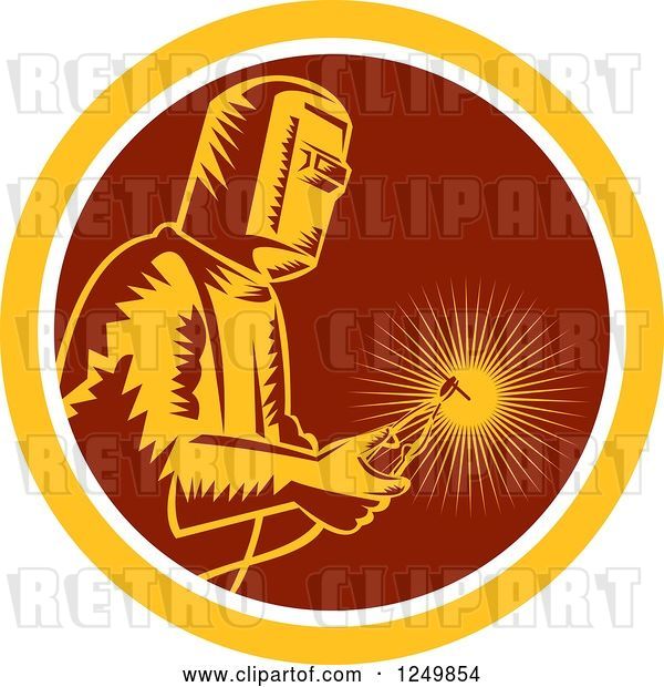 Vector Clip Art of Retro Woodcut Welder with a Torch in a Maroon and Yellow Circle