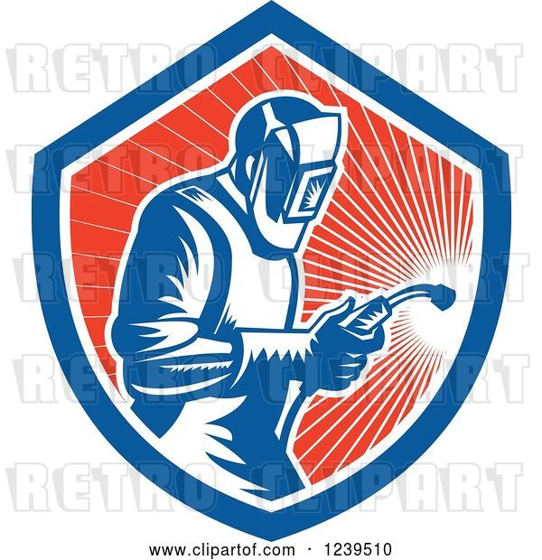 Vector Clip Art of Retro Woodcut Welder Worker in a Red Sunny Shield