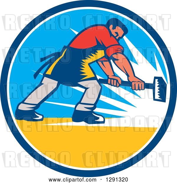 Vector Clip Art of Retro Woodcut White Blacksmith Worker Using a Sledgehammer in a Blue White and Yellow Circle