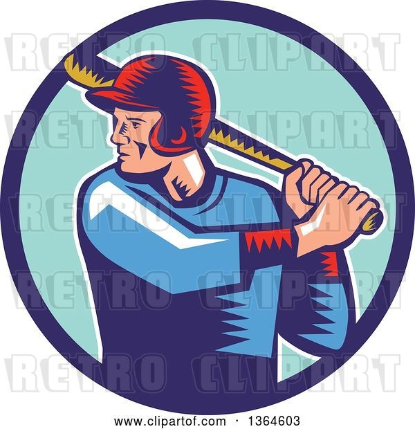 Vector Clip Art of Retro Woodcut White Male Baseball Player Athlete Batting in a Blue Circle