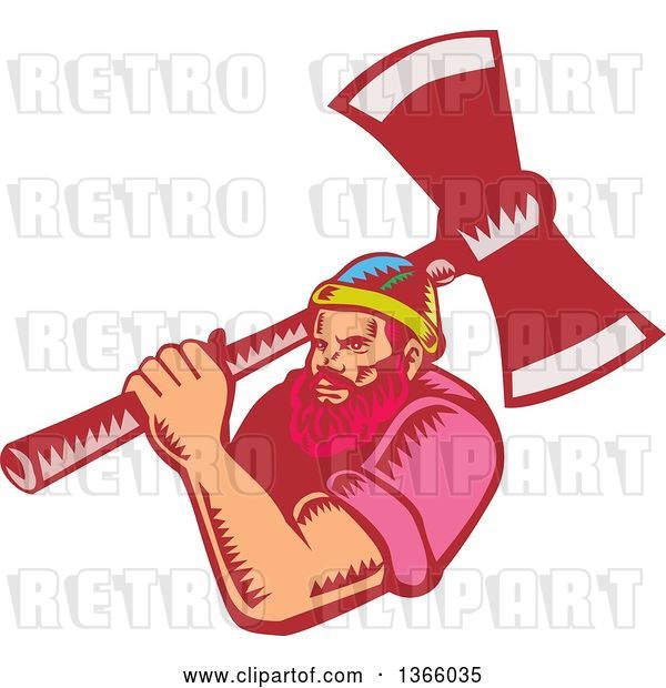 Vector Clip Art of Retro Woodcut White Male Lumberjack Holding an Axe over His Shoulder