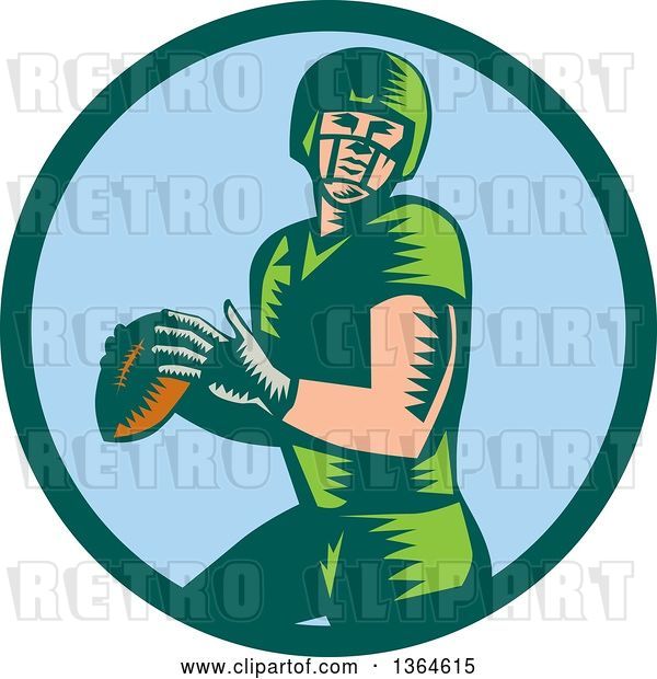 Vector Clip Art of Retro Woodcut White Male Quarterback American Football Player Throwing in a Bgreen and Blue Circle