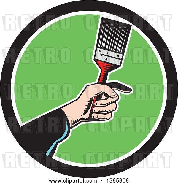 Vector Clip Art of Retro Woodcut White Painters Hand Holding a Paintbrush in a Black White and Green Circle