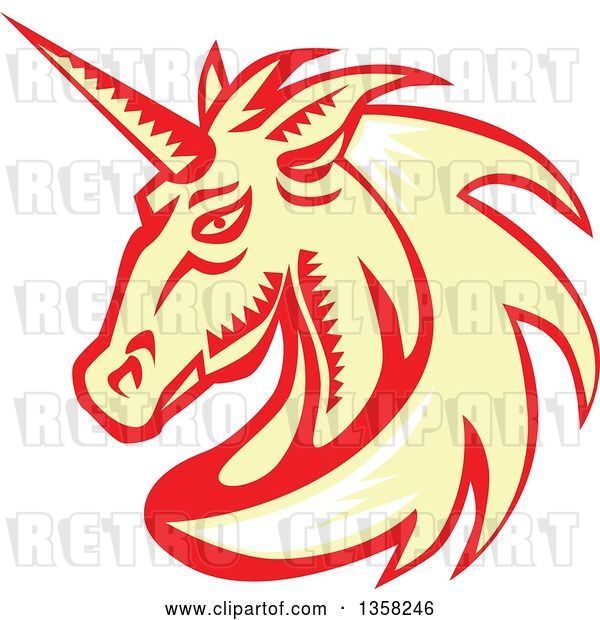 Vector Clip Art of Retro Woodcut White, Yellow and Red Unicorn Head