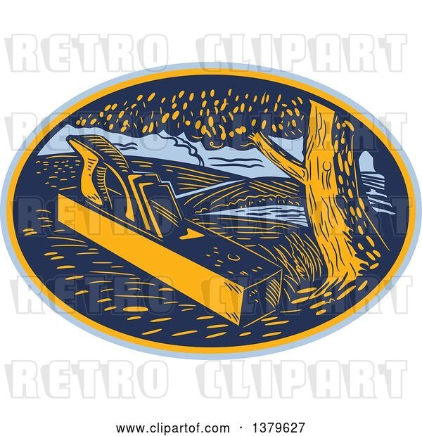 Vector Clip Art of Retro Woodcut Wood Plane in a Forest