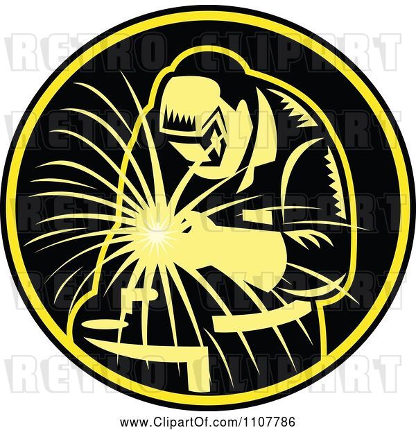 Vector Clip Art of Retro Woodcut Worker Leaning over and Using a Welding Torch in a Black Circle