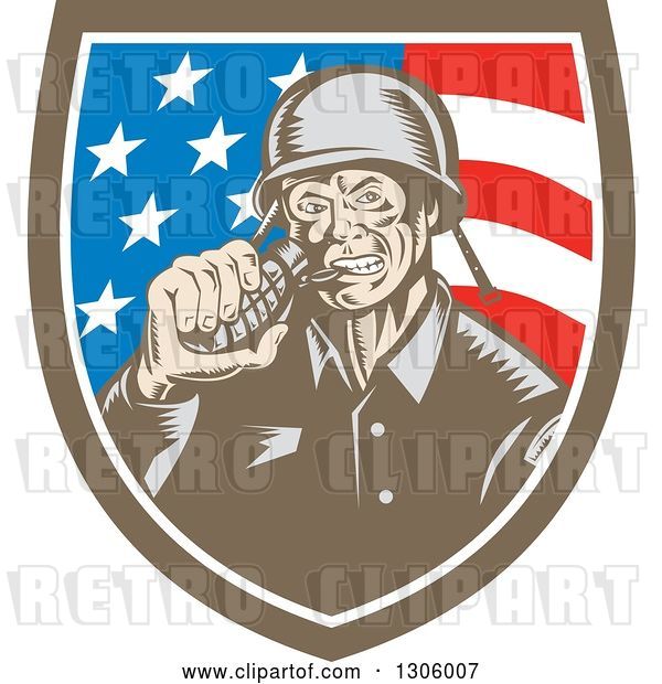 Vector Clip Art of Retro Woodcut World War Two Soldier Biting a Grenade in an American Flag Shield