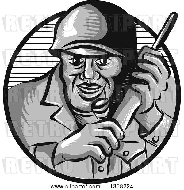 Vector Clip Art of Retro Woodcut World War Two Soldier Holding a Field Radio in a Gray and Navy Blue Circle