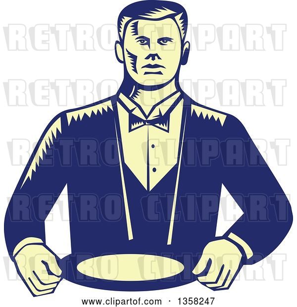 Vector Clip Art of Retro Woodcut Yellow and Blue Male Waiter Wearing a Cravat and Holding a Plate
