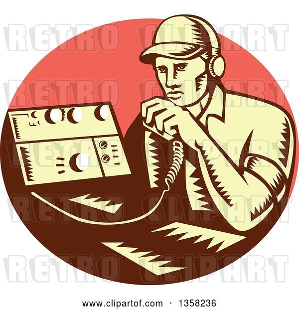 Vector Clip Art of Retro Woodcut Yellow and Brown Male Ham Radio Operator Talking into a Transreceiver in a Pink Oval