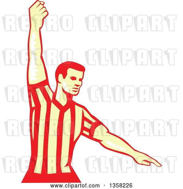 Vector Clip Art of Retro Woodcut Yellow and Red Basketball Referee Stopping the Clock