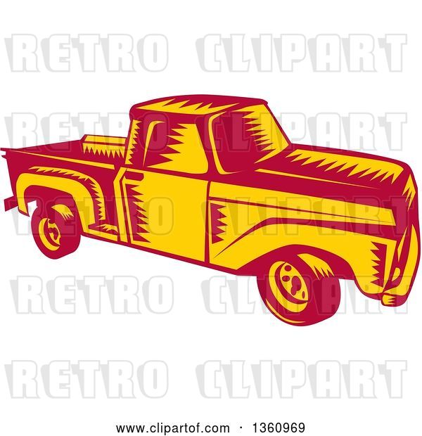 Vector Clip Art of Retro Woodcut Yellow and Red Pickup Truck