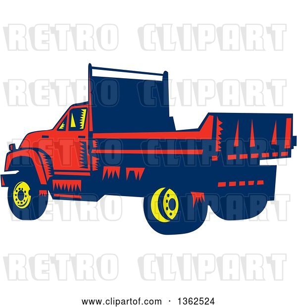 Vector Clip Art of Retro Woodcut Yellow, Blue and Red Flatbed Truck