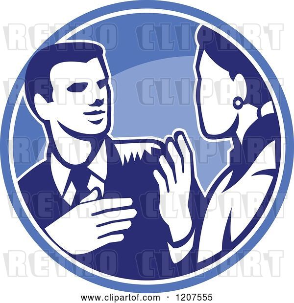 Vector Clip Art of Retro Woodut Business Man and Lady Talking in a Blue Circle