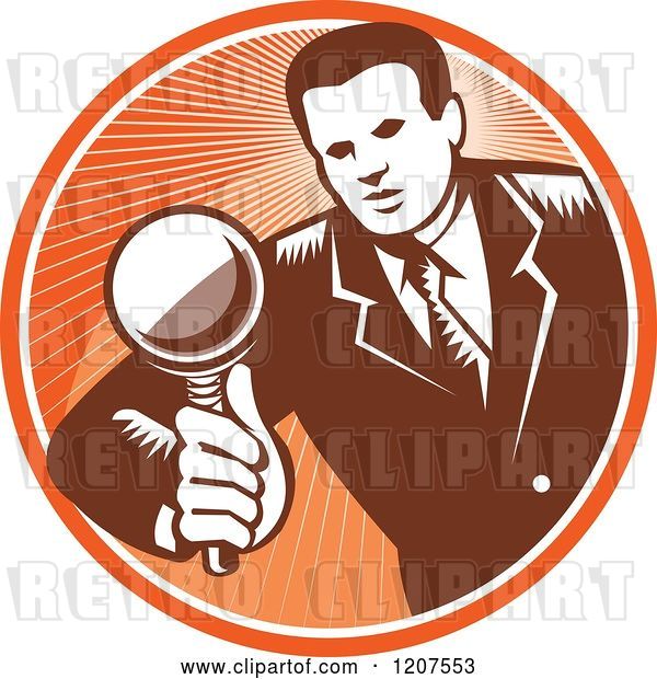 Vector Clip Art of Retro Woodut Business Man Inspecting with a Magnifying Glass in an Orange Circle