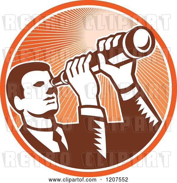 Vector Clip Art of Retro Woodut Business Man Looking Through a Telescope in an Orange Ray Circle