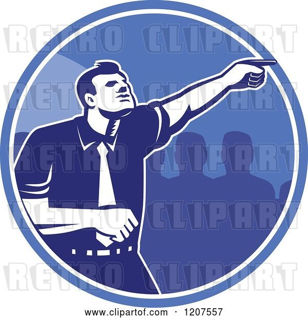 Vector Clip Art of Retro Woodut Business Man Pointing Forward in a Blue Circle