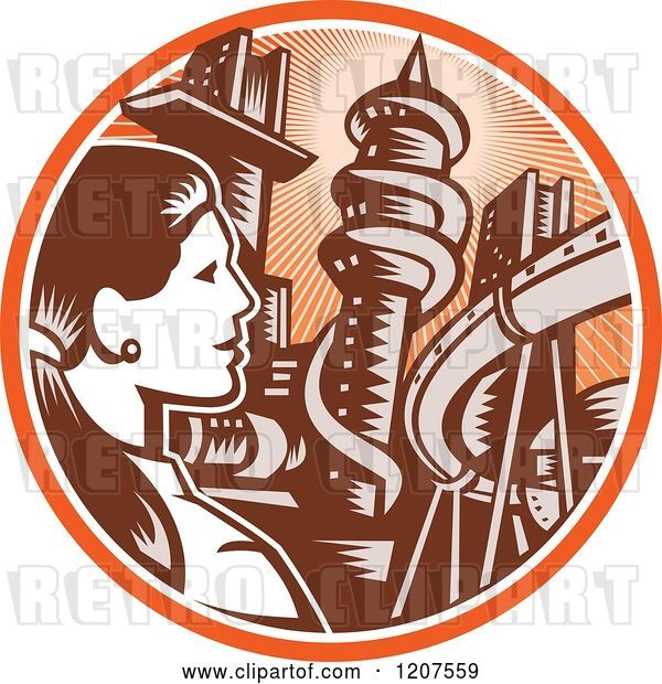 Vector Clip Art of Retro Woodut Business Woman and City in an Orange Ray Circle