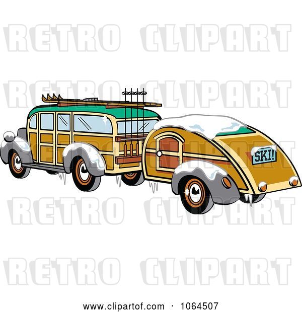 Vector Clip Art of Retro Woody Sedan with Skis and a Trailer