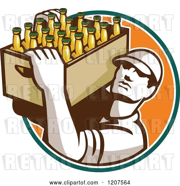 Vector Clip Art of Retro Worker Carrying a Case of Beer Bottles