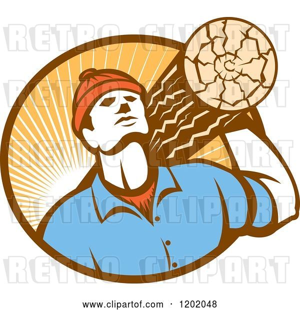 Vector Clip Art of Retro Worker Carrying a Log in a Circle of Sun Rays