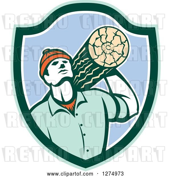 Vector Clip Art of Retro Worker Carrying a Log in a Green White and Blue Shield