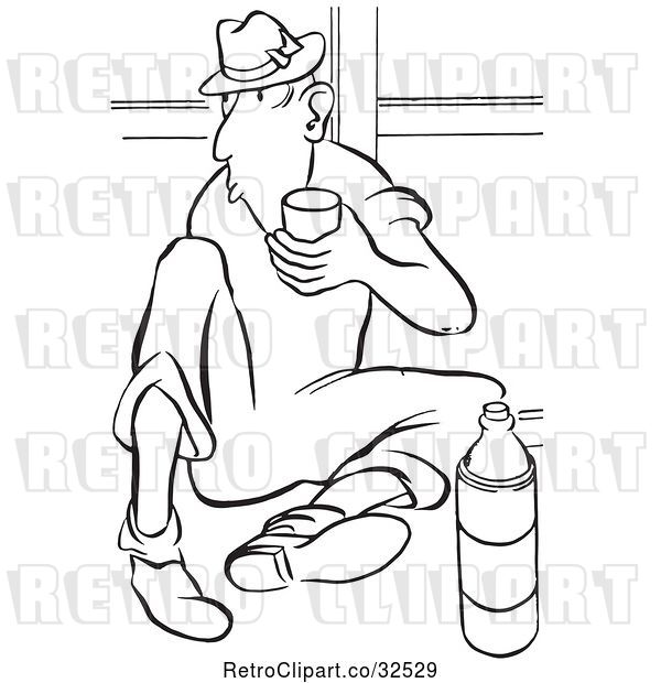 Vector Clip Art of Retro Worker Guy Drinking Water on His Break
