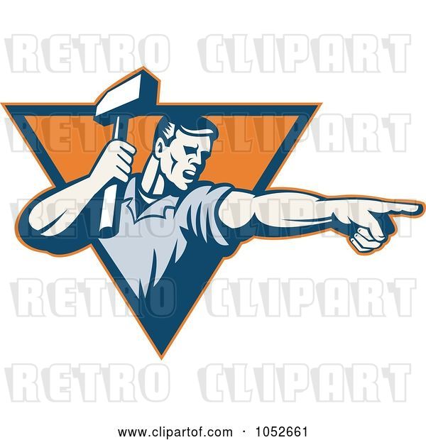 Vector Clip Art of Retro Worker Guy Holding a Hammer and Pointing Logo