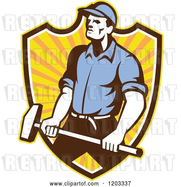 Vector Clip Art of Retro Worker Guy Holding a Sledgehammer over a Ray Shield