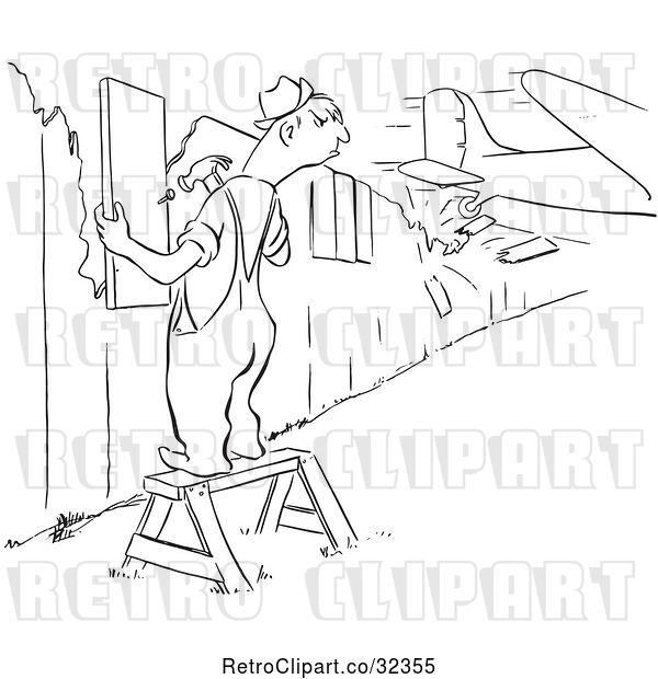 Vector Clip Art of Retro Worker Guy Repairing a Fence As a Plane Crashes Through Another Section