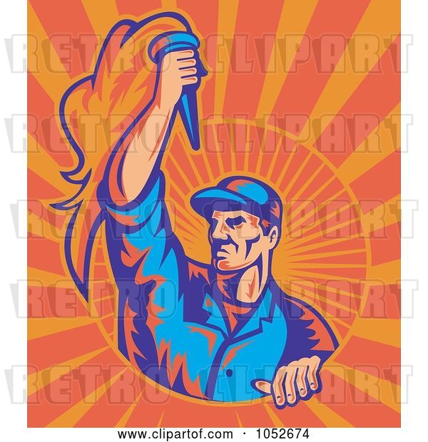 Vector Clip Art of Retro Worker Holding a Torch on Orange Rays