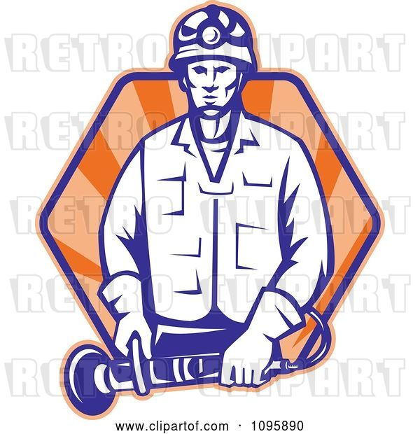 Vector Clip Art of Retro Worker Holding Angle Grinder Tool over Rays