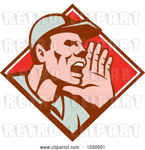 Vector Clip Art of Retro Worker Holding up His Hand and Shouting in a Diamond